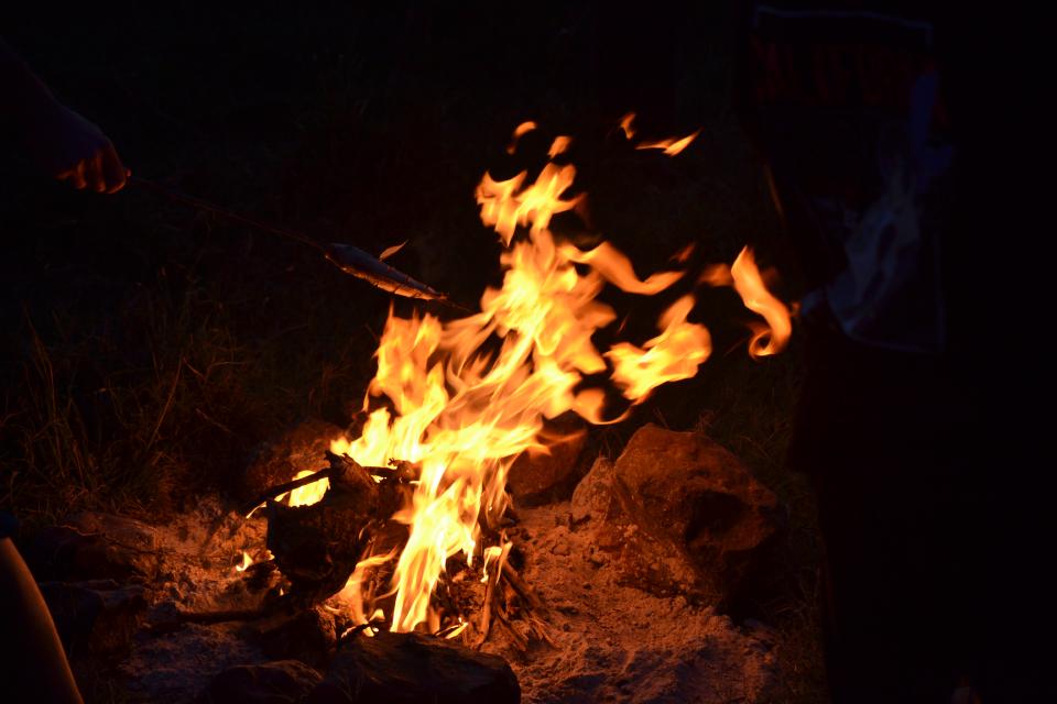 A campfire burning at night.