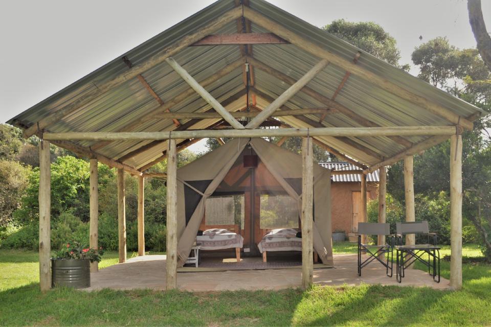 A furnished twin safari tent beneath a large shelter at Ngriki Camp.